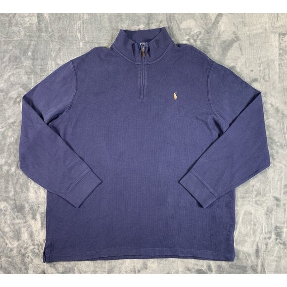 Polo Ralph Lauren Sweater Mens 2XL XXL Estate Rib Quarter Zip Navy Blue Preppy - Picture 1 of 8
